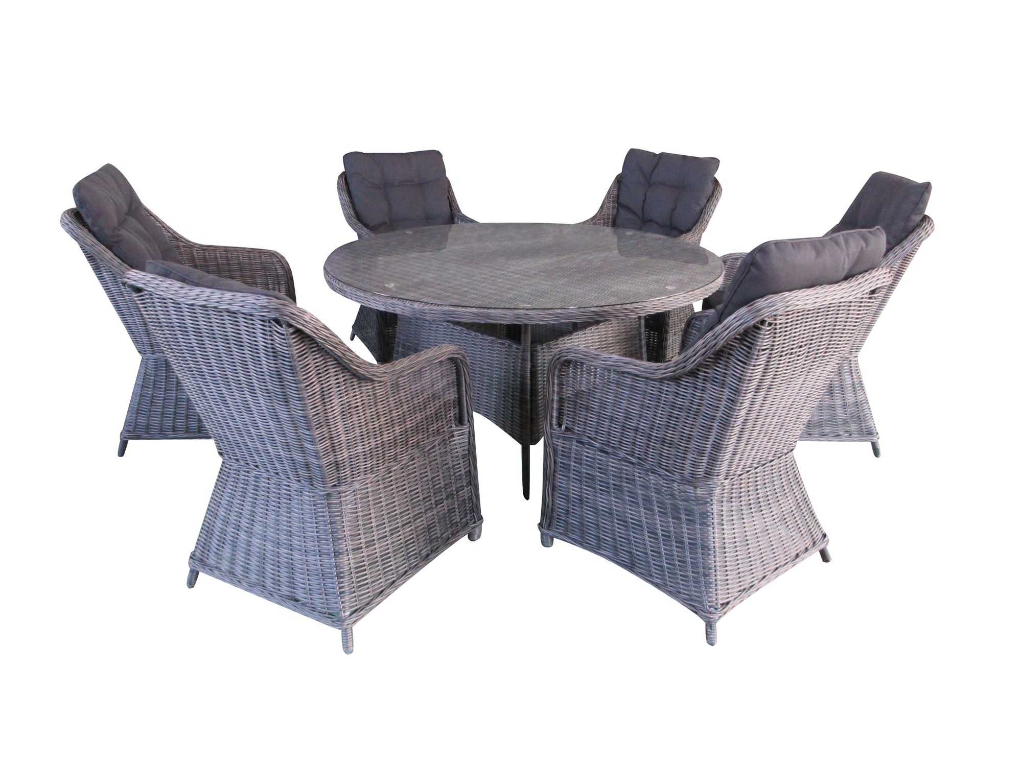 Tilbagebetale Prime bureau Havesæt model Sevilla. 6 stole + ø150cm bord i mixed sort rundt polyrattan.